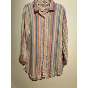 St.Tropez West Button Down Linen Blouse Size Small Pink Blue Stripes